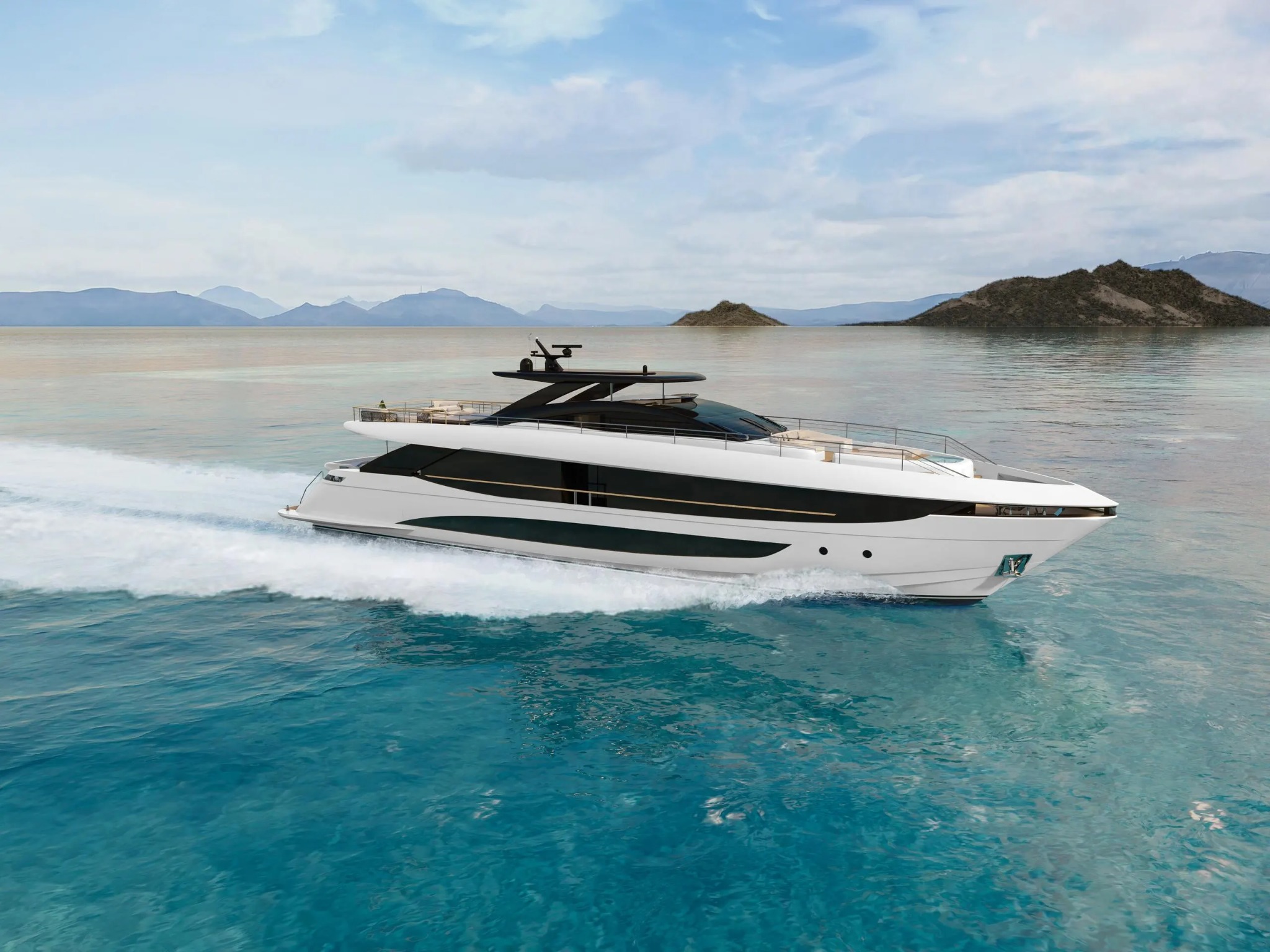 Yacht à moteur en navigation sur une mer turquoise